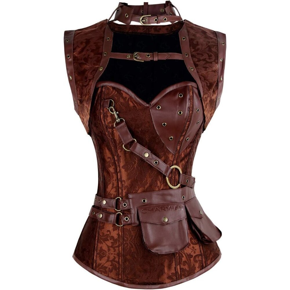 🆕Women First Brown Steampunk Vintage Spiral Steel Boned Corset Bustier